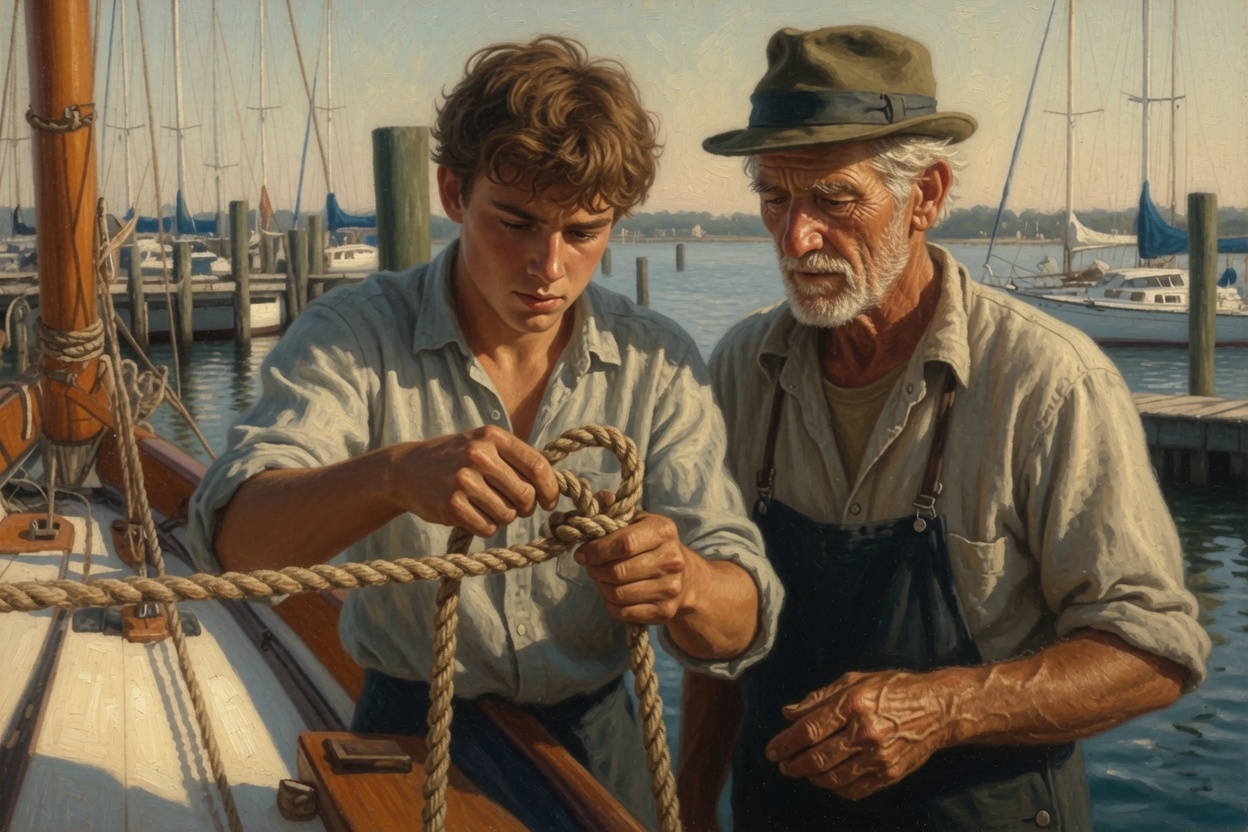 An older rigger guides a young man's hands as he ties a bowline knot on a sailboat at the dock.